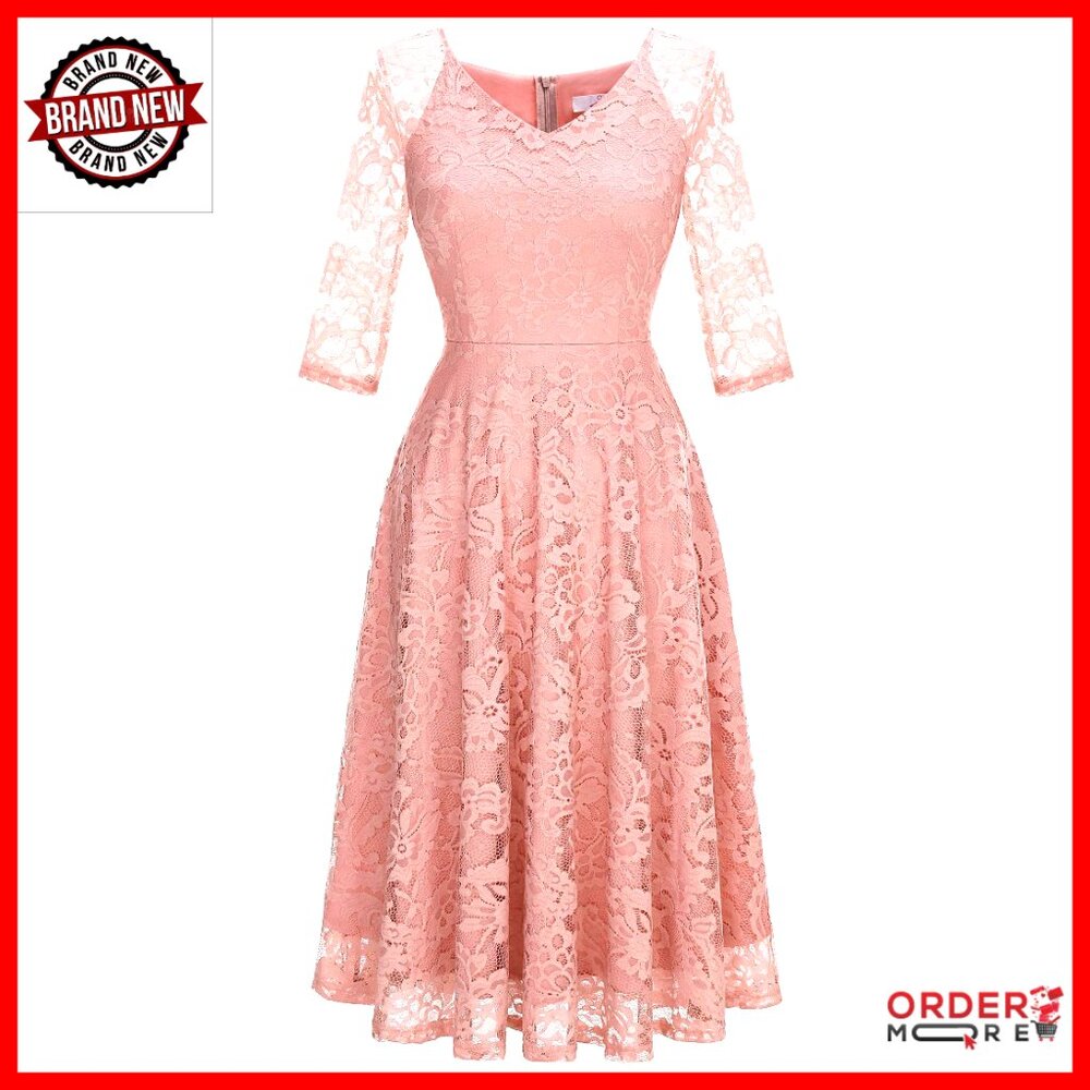 Long Sleeve Lace Midi Dress A-Line Formal Wedding Guest Party Cocktail